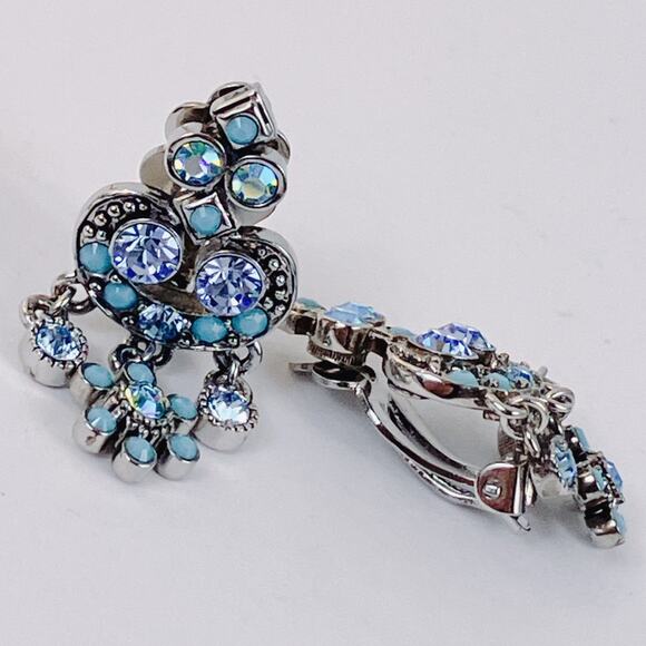 Signed Kirks Folly Blue Rhinestone Floral Chandelier Clip On Earrings Vintage - Picture 6 of 10